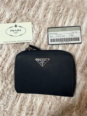 Prada Black Zip-Around Tessuto Wallet with Gold Logo Accent